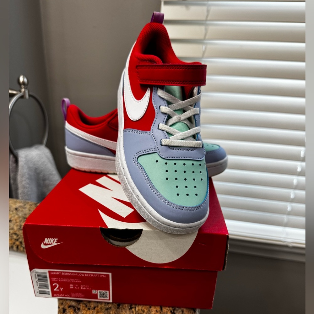 👟🆕Nike Court Borough Low Recraft Sneakers Cobalt Bliss/White/Track Red, Size 2👟
